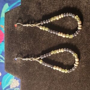 Silver 3 tone Gray Glass Seed Tear Drop Hook Earrings